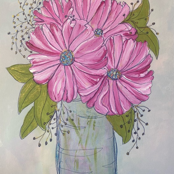 Floral Mixed Media Art with Pink Blooms 18 X 24 inches. Ready to hang - Picture 7 of 8